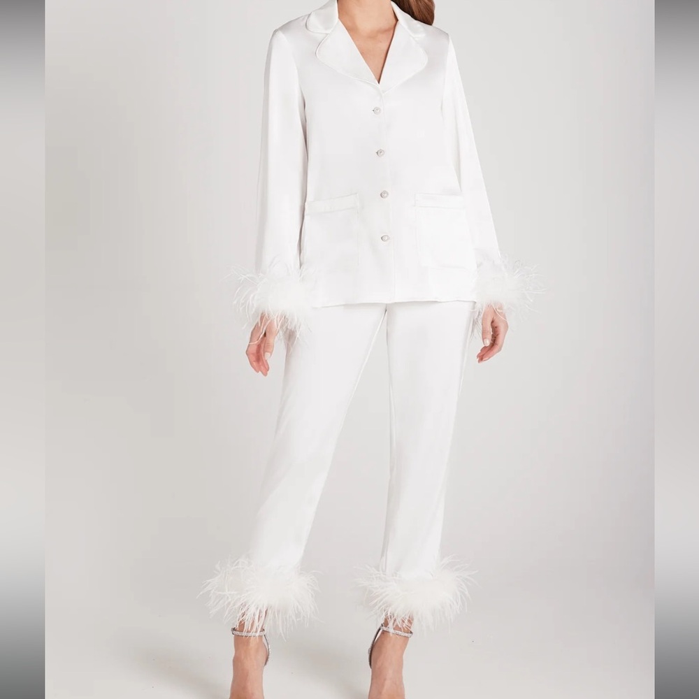 Nadine Merabi Darcie White Feather Trim Pajamas